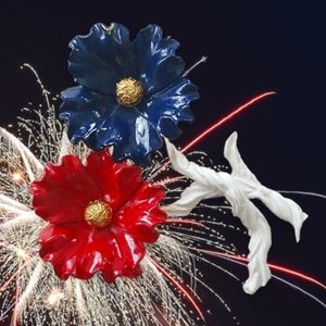 Vintage Mid Century Red White and Blue Enamel Flower Brooch